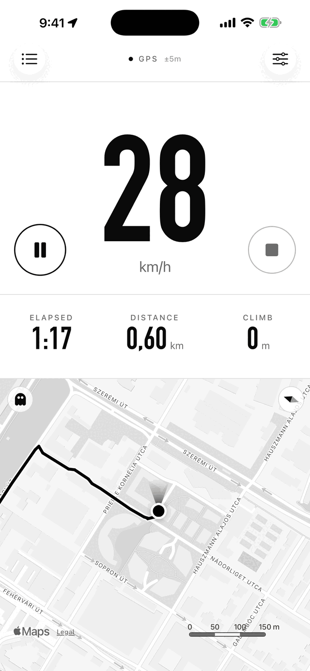 Live speed with the travelled route drawn on the map